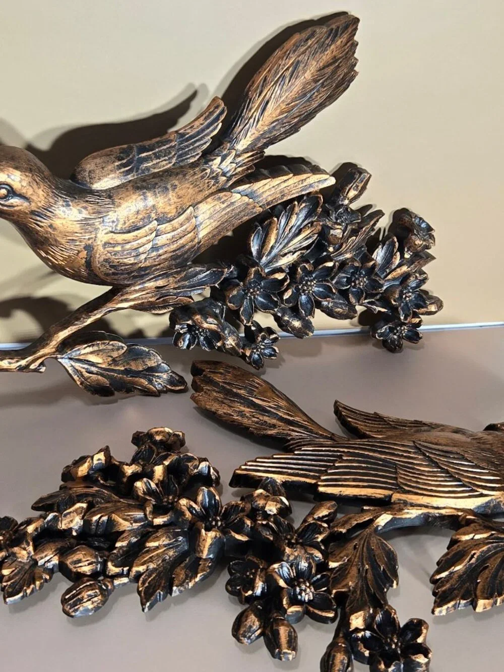 1970s Gold Bird Wall Plaques, Coppercraft Guild Branch Sculptures, MCM NOS